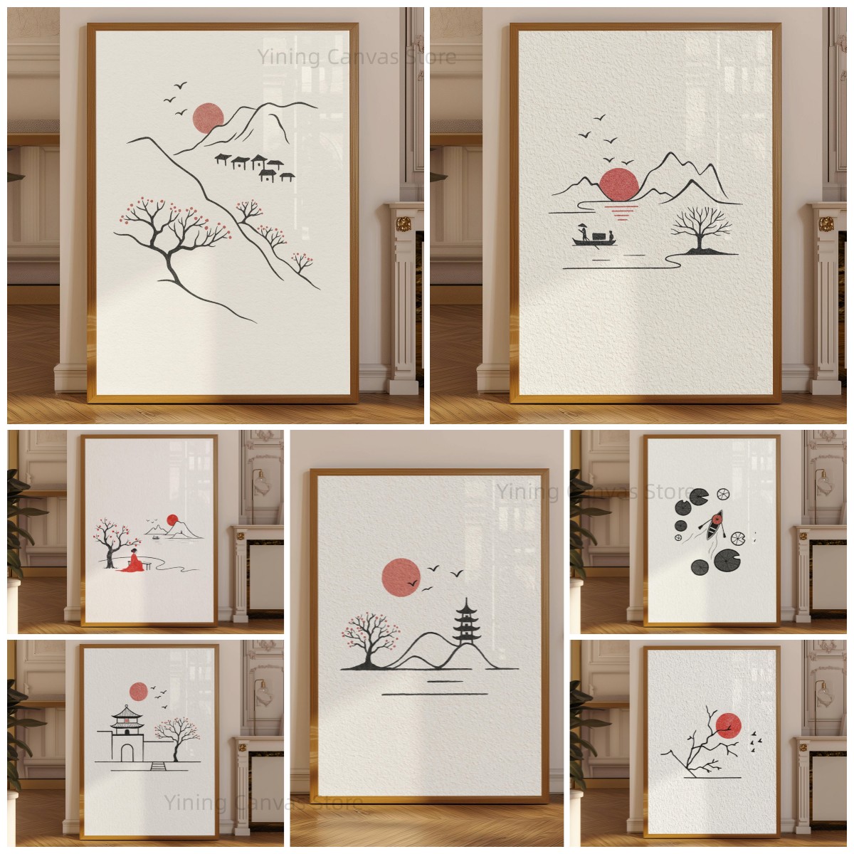 Japanese Minimalist Lifestyle - ミニマリストの日本水墨画ポスター、鳥の絵が描かれた赤い太陽の枝線アート、禅侘び寂びジャパンディ壁掛けアートプリント、モダンなアジアの装飾