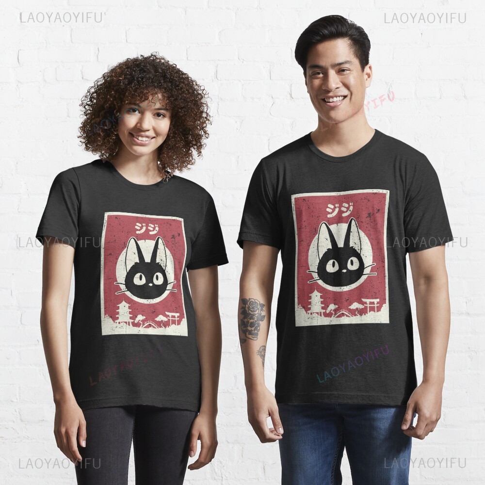 Japanese Lifestyle Clothing - かわいいジジ猫黒猫プリント Tシャツトップスアニメ日本の美学ブルーライフスタイルクラシック男性女性服