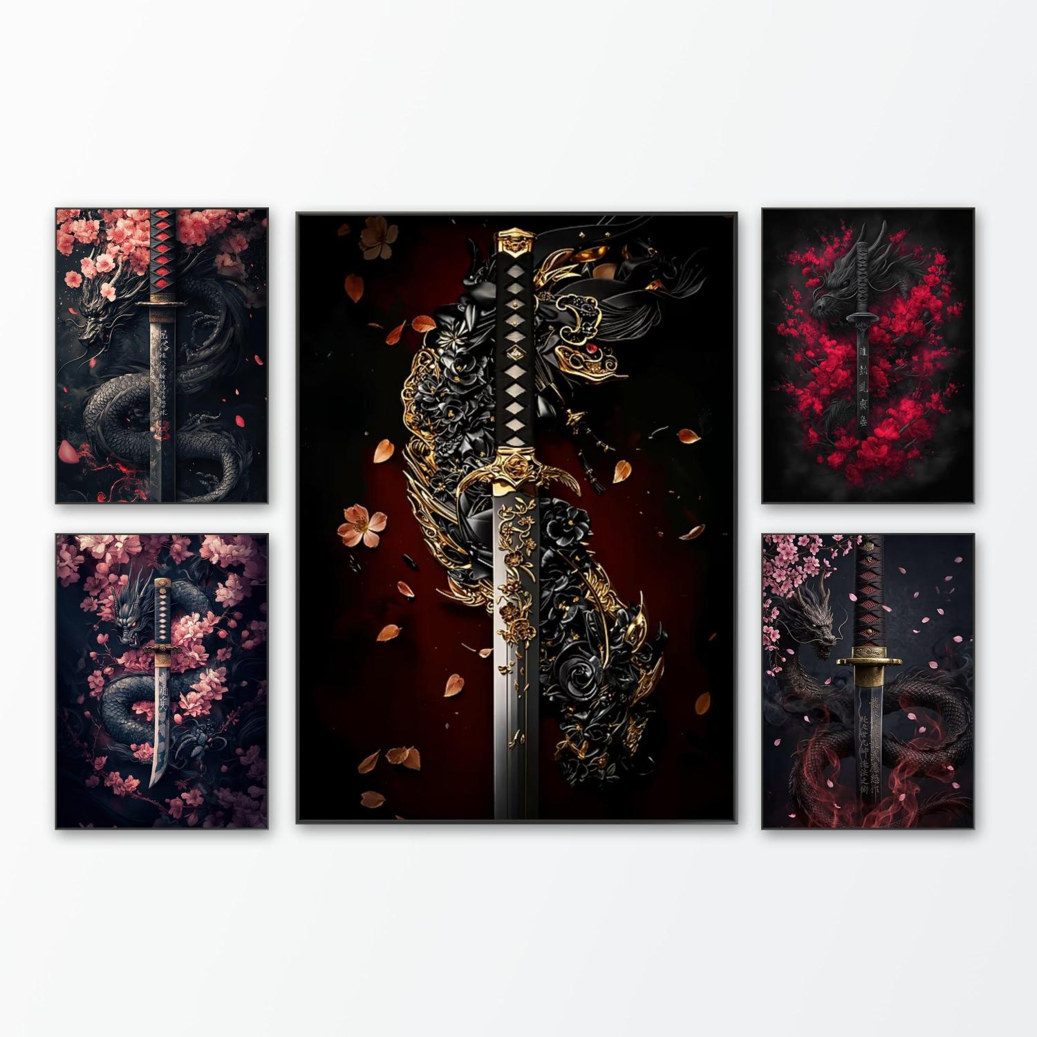 Japanese Lifestyle Gifts - 黒龍と侍の刀の数字塗り絵、和風の刀のDIY油絵、壮大なアート、自宅や寝室の装飾ギフト