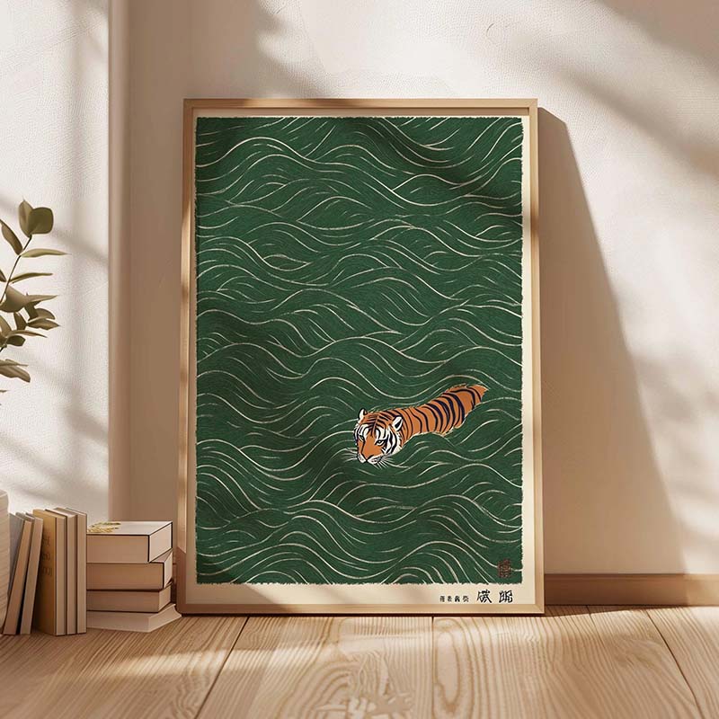Japanese Minimalist Lifestyle - 日本の虎の水泳ポスターヴィンテージ浮世絵スタイルキャンバス絵画プリント壁アートミニマリストアジアの絵家の装飾用