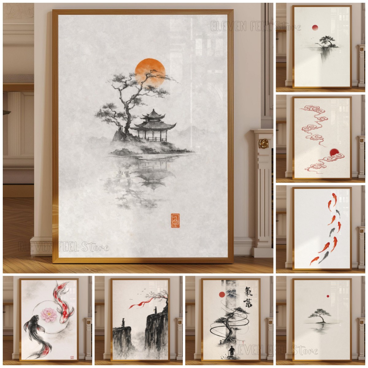 日本の水墨画ポスター、侘び寂び盆栽ウォールアートプリント、赤 - Japanese Minimalist Lifestyle のレビューと価格